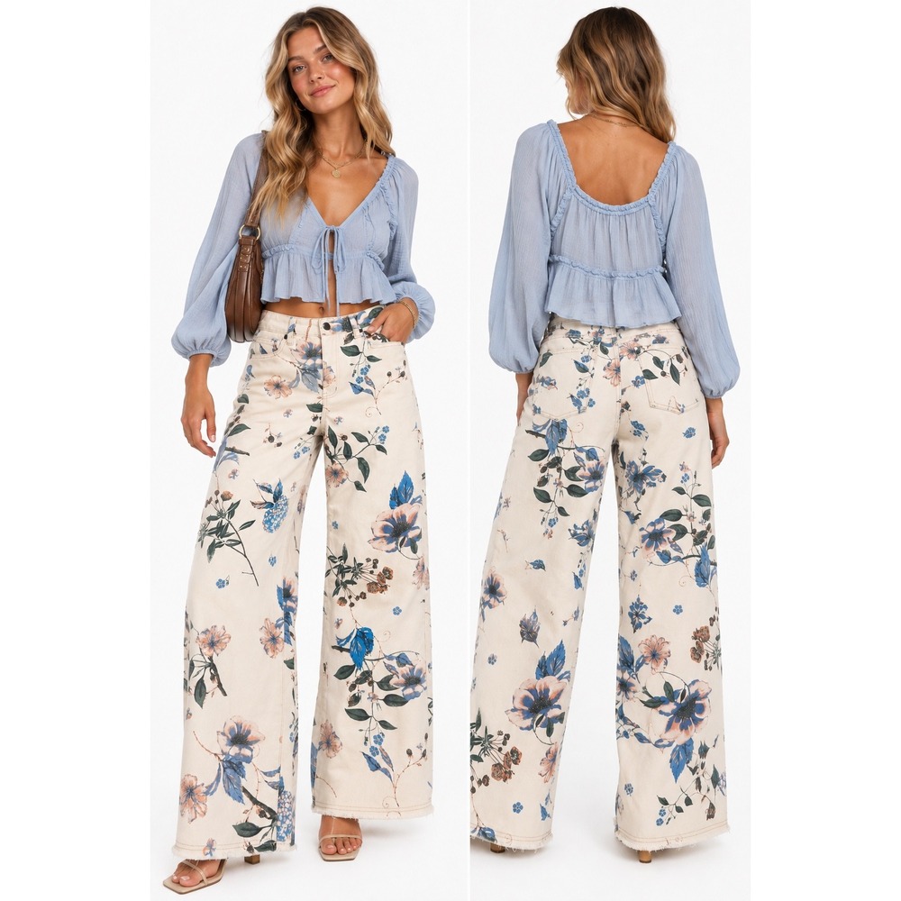 Easel Floral Wide Leg Pants S Cream Blue High Rise Raw Hem Boho Cottagecore